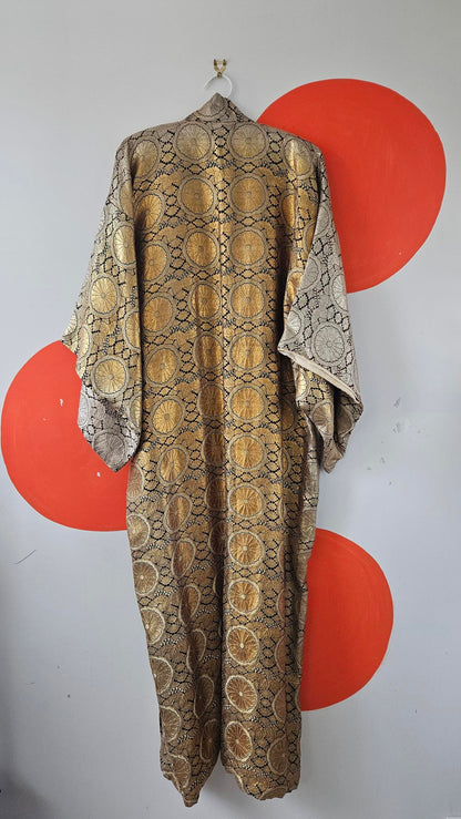 60's Vintage Japanese Gold Chrysanthemum Brocade Kimono