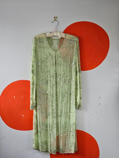 Vintage Embellished Sheer Green Silk Dress