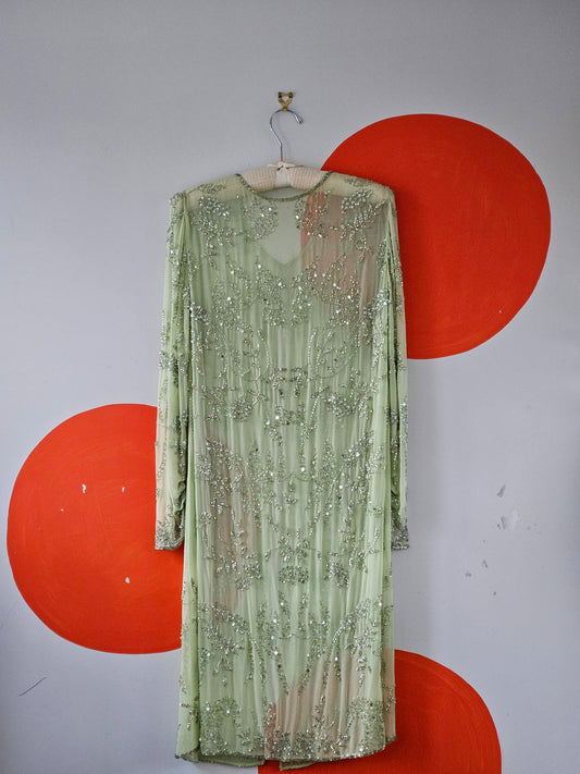Vintage Embellished Sheer Green Silk Dress