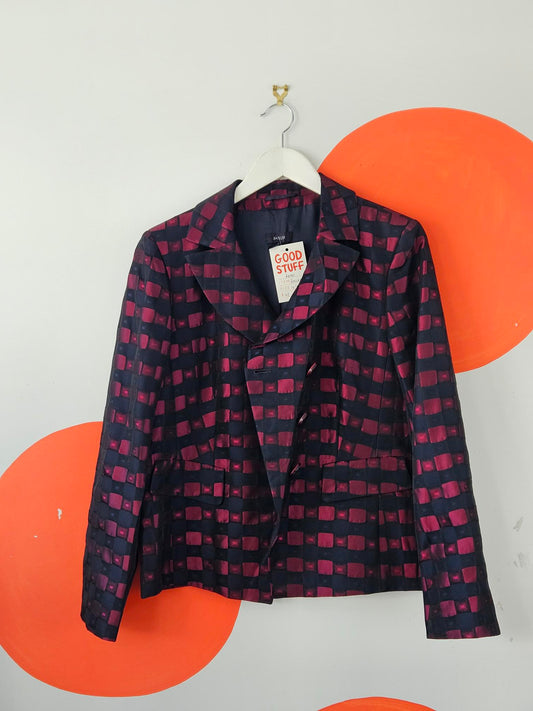 Basler Y2K Maroon-Black Check Asymmetric Textured Blazer