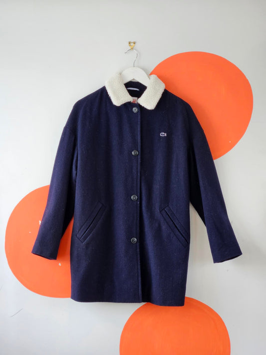 Lacoste L!Ve Navy Wool Blend Coat with Faux Fur Collar