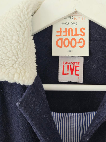 Lacoste L!Ve Navy Wool Blend Coat with Faux Fur Collar
