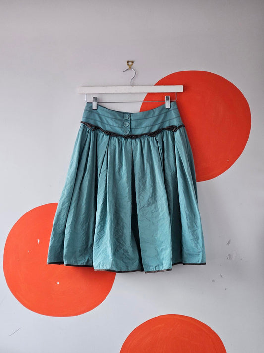 Cue Y2K Turquoise Frilly Skirt with Brown Trim