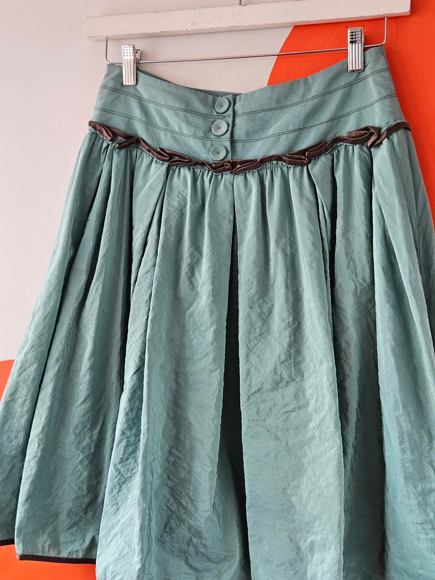 Cue Y2K Turquoise Frilly Skirt with Brown Trim