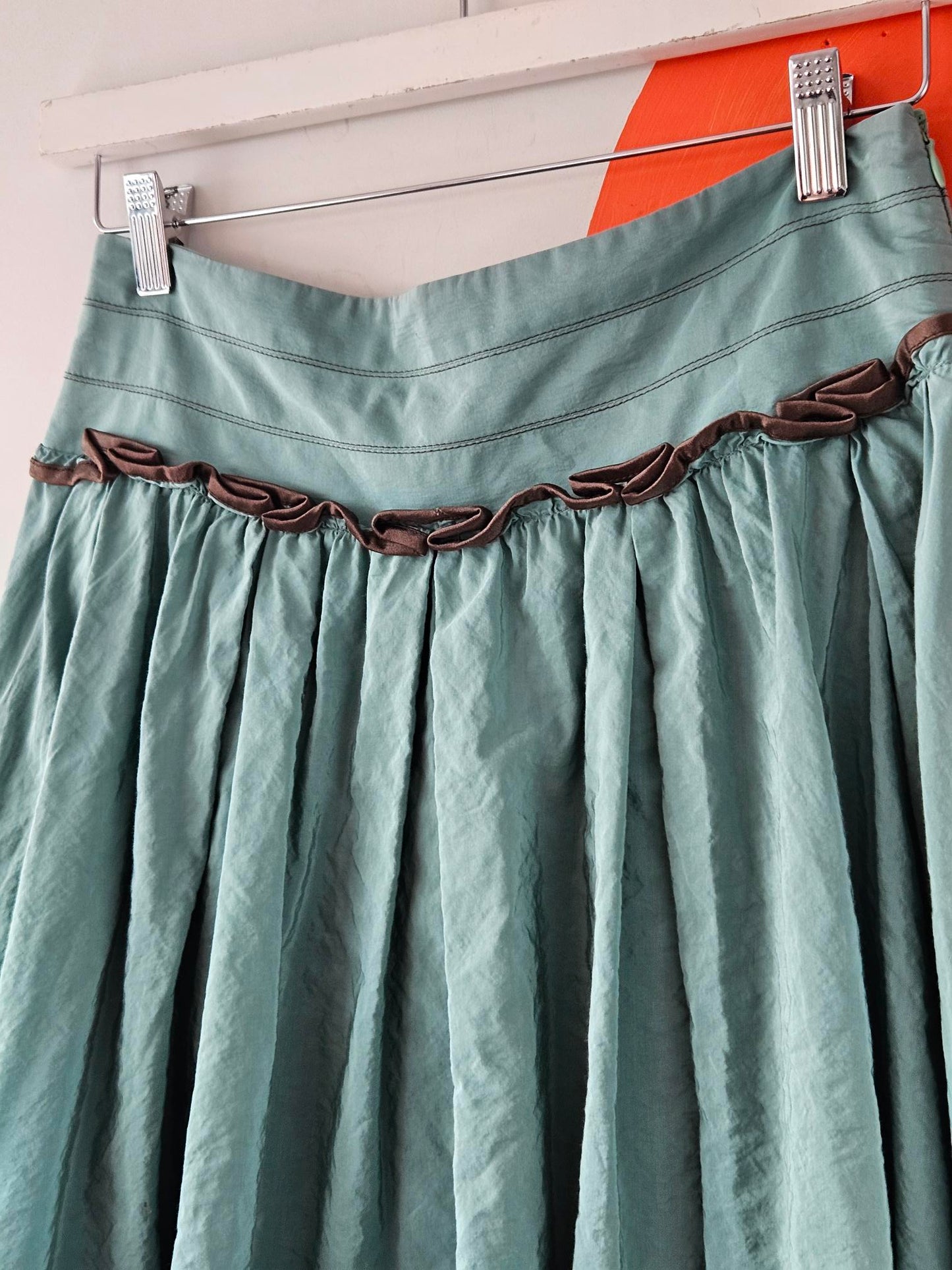 Cue Y2K Turquoise Frilly Skirt with Brown Trim