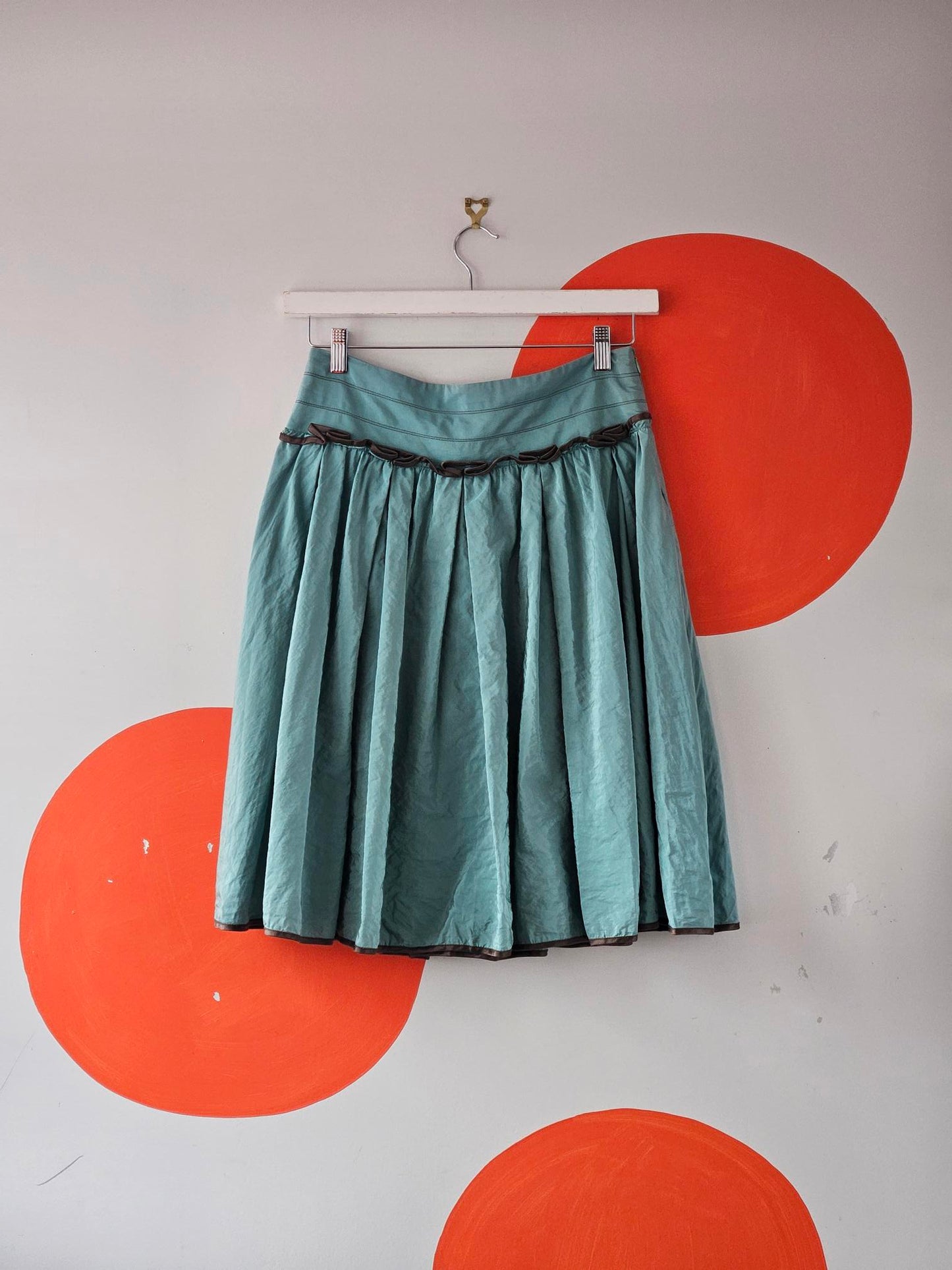 Cue Y2K Turquoise Frilly Skirt with Brown Trim