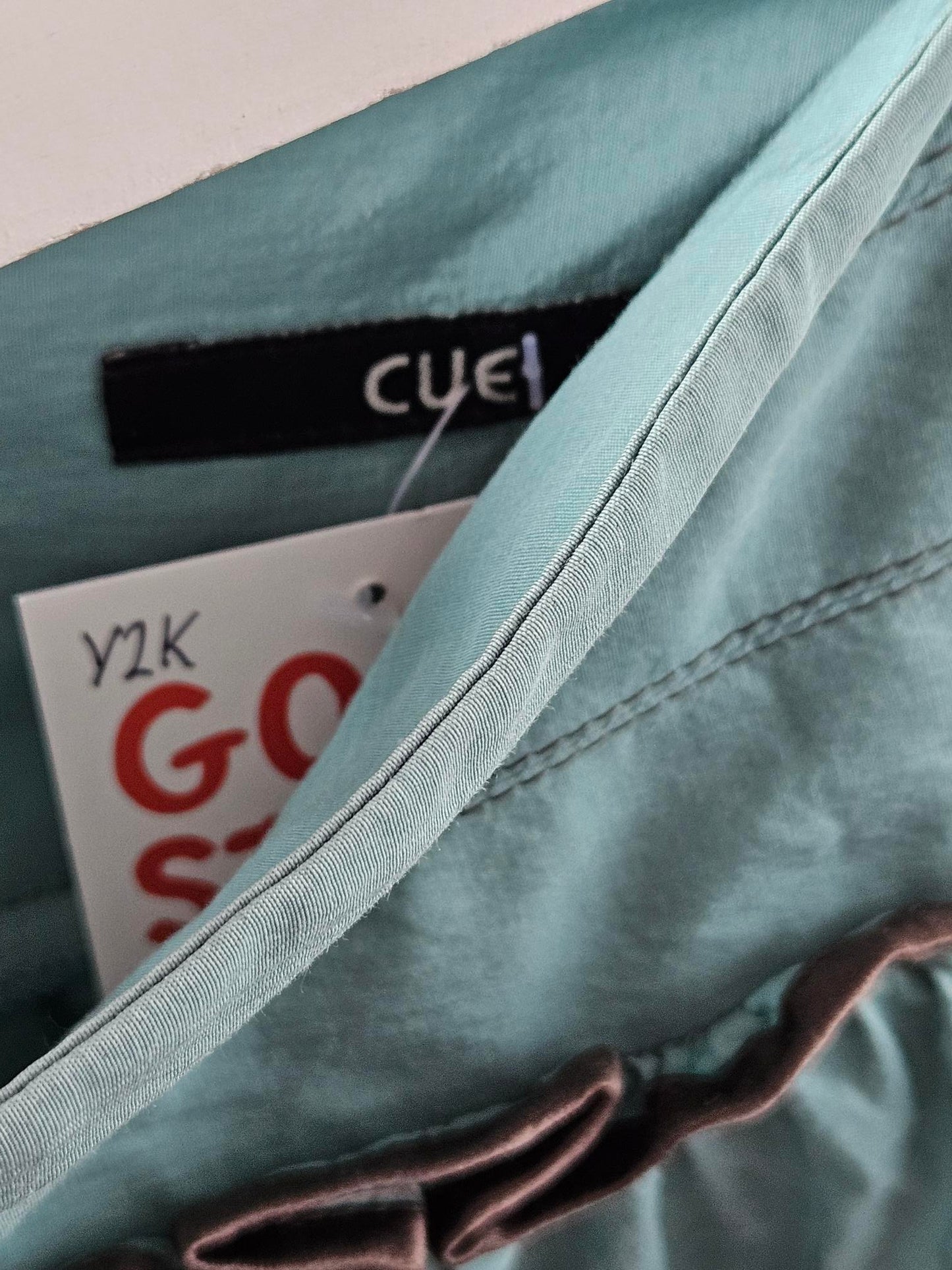 Cue Y2K Turquoise Frilly Skirt with Brown Trim