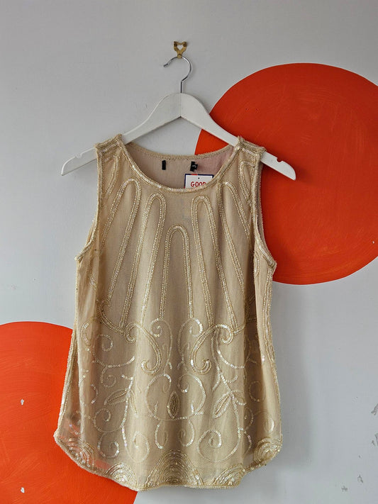 Caroline Sills Cream Embellished Mesh Tank Top