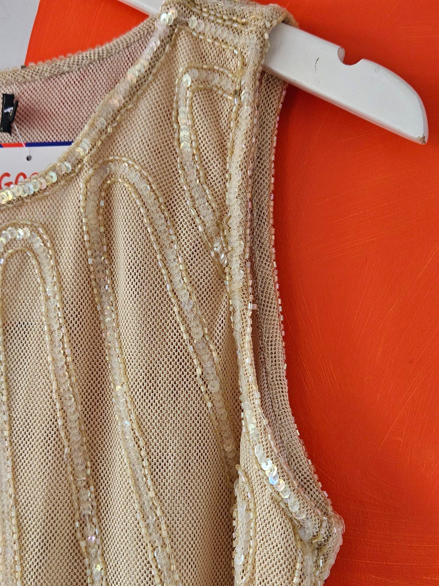 Caroline Sills Cream Embellished Mesh Tank Top