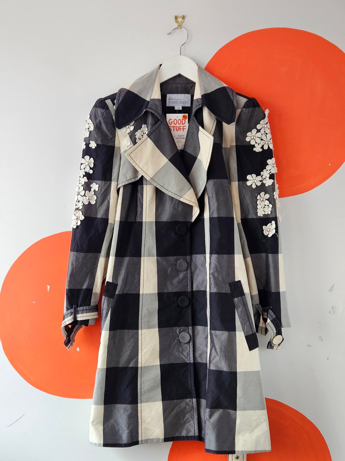 Adrienne Winkelmann Embellished Black-Cream Check Coat