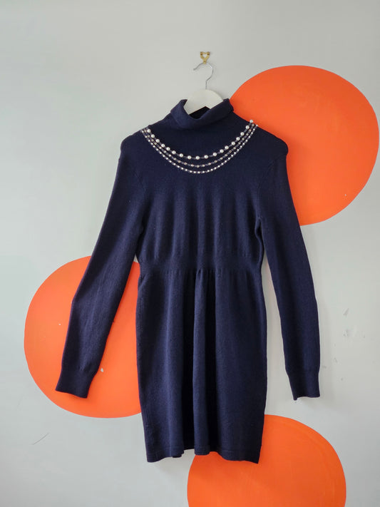Rebecca Taylor Navy Embellished Turtleneck Knit Dress