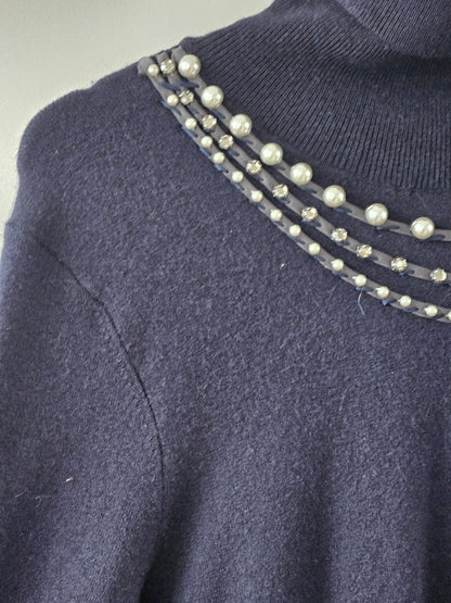 Rebecca Taylor Navy Embellished Turtleneck Knit Dress
