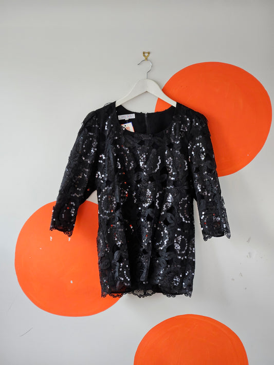 Miss Deb NZ Vintage Black Sequin & Lace Patterned Top