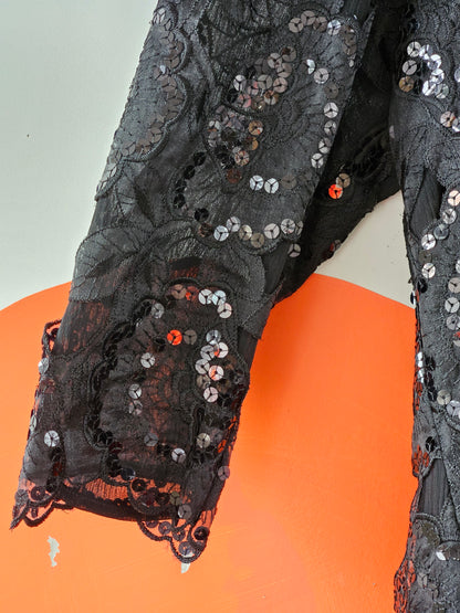 Miss Deb NZ Vintage Black Sequin & Lace Patterned Top