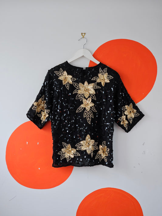 Charles Daniel Vintage Black-Gold Embellished Blouse