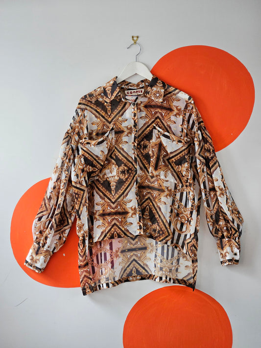 Cooper By Trelise 'Shirt Hot' Gold-Black Sheer Baroque Pattern Blouse