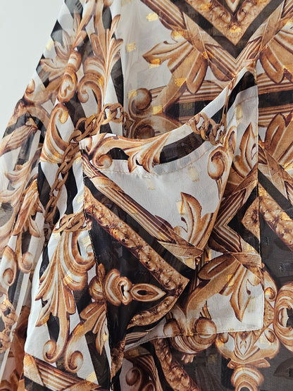 Cooper By Trelise 'Shirt Hot' Gold-Black Sheer Baroque Pattern Blouse