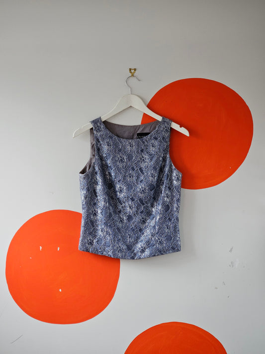 Crimson by Lawrence Kurtz Vintage Grey-Blue Sparkly Lace Tank