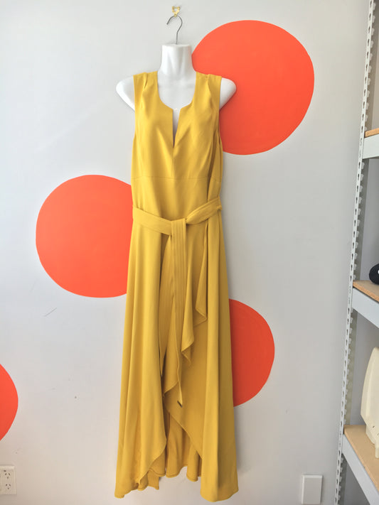 KAREN MILLEN Mustard Curve Compact Ruffle Dress Sz 18 NEW