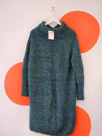 Homemade Green-Blue Knitted Roll Neck Dress