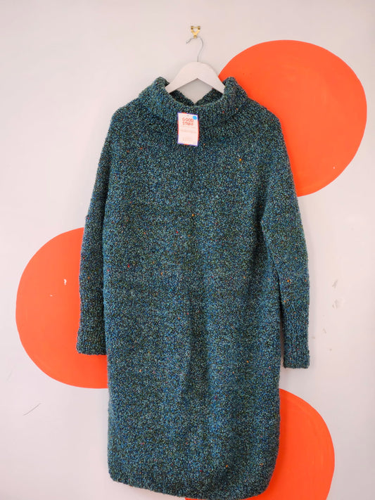 Homemade Green-Blue Knitted Roll Neck Dress