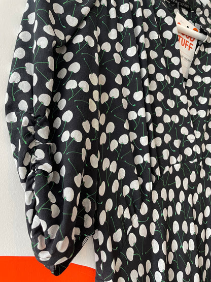 HELEN CHERRY Black-White Cherry Print Silk Dress Sz 10