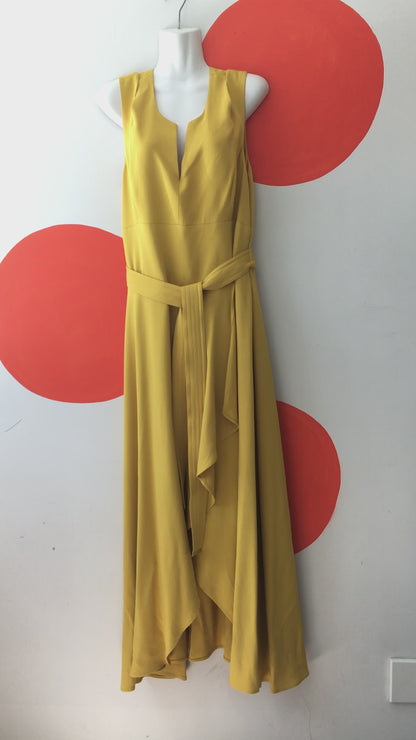 KAREN MILLEN Mustard Curve Compact Ruffle Dress Sz 18 NEW