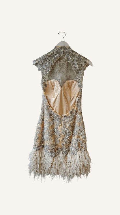 Jovani Champagne Embroidered Mini Dress