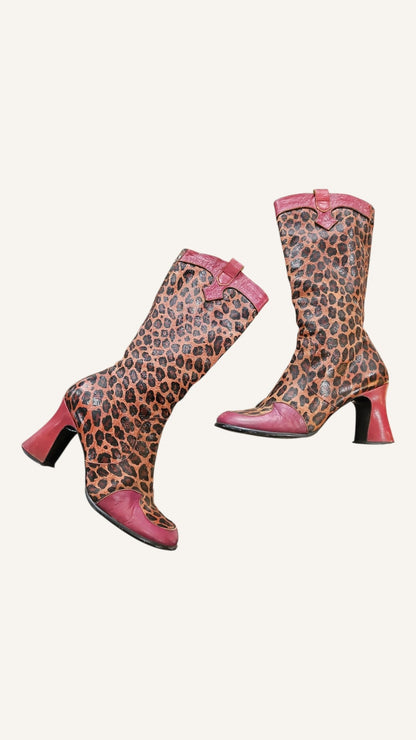 Shellys Vintage Red Leopard Print Leather Boots