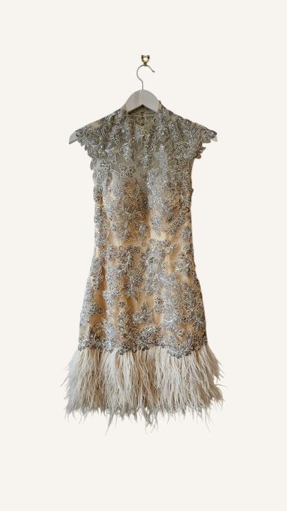 Jovani Champagne Embroidered Mini Dress