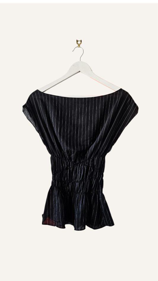 Pinstripe Shirred Waist Cowl Neck Top