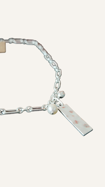 Hot Tomato Natural Pearl Flower and Tab Charm Necklace