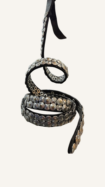 Narrow studded belt made from cowhide leather