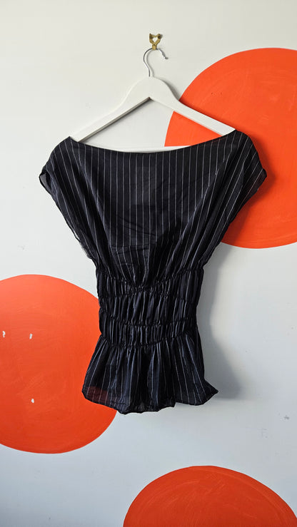 Pinstripe Shirred Waist Cowl Neck Top