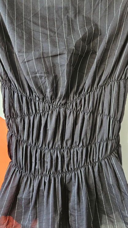 Pinstripe Shirred Waist Cowl Neck Top