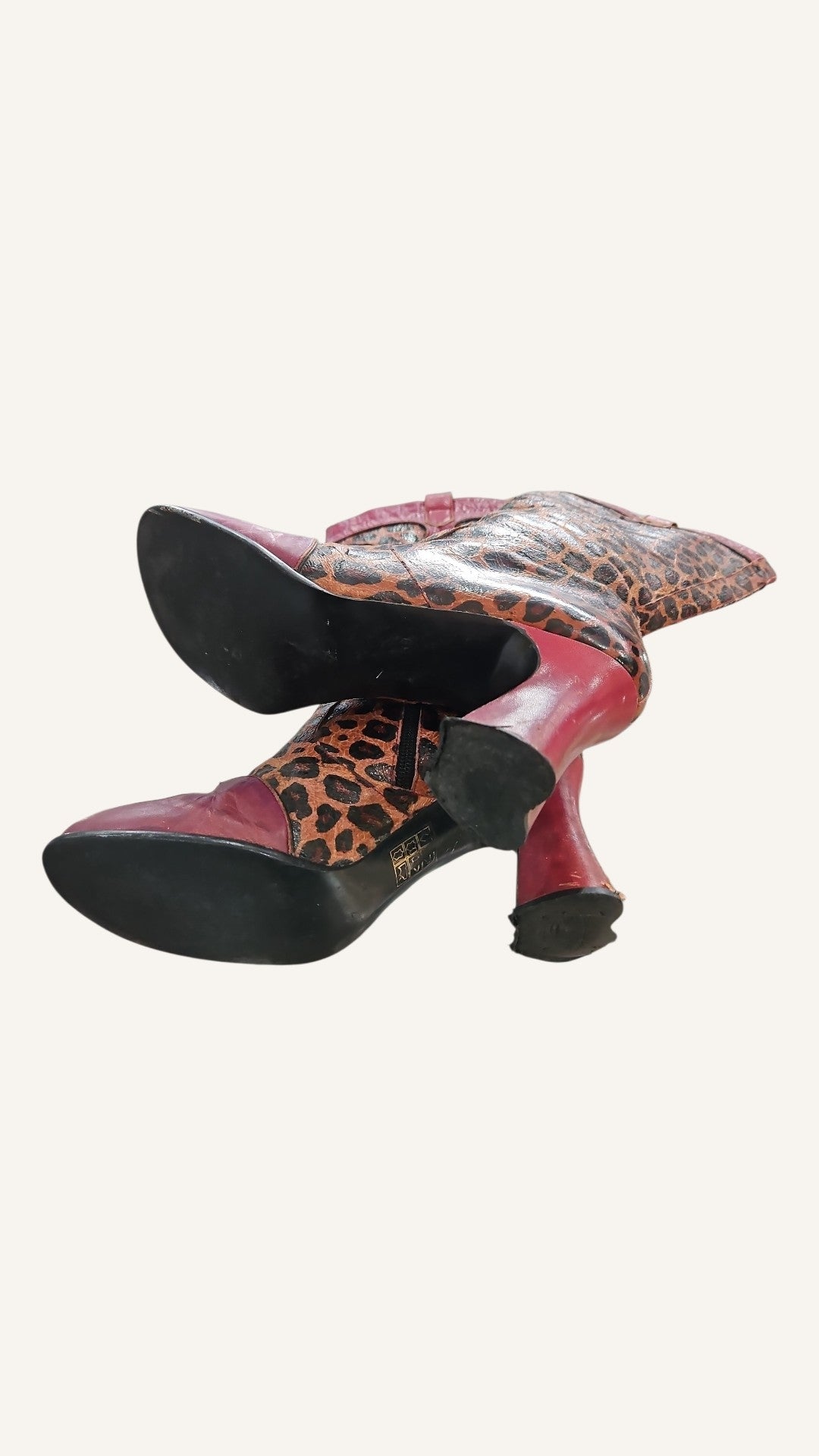 Shellys Vintage Red Leopard Print Leather Boots