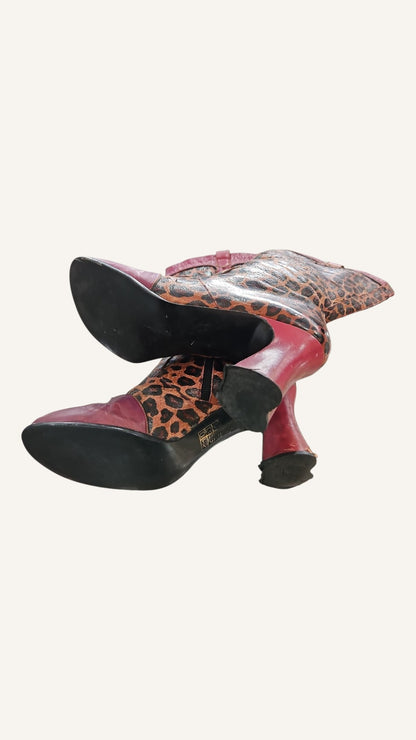 Shellys Vintage Red Leopard Print Leather Boots