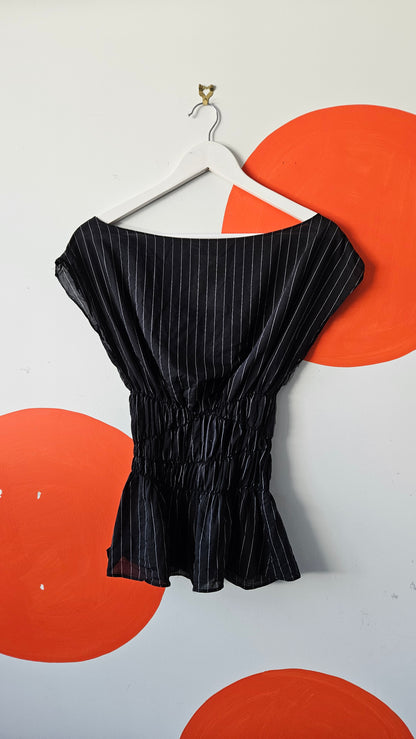 Pinstripe Shirred Waist Cowl Neck Top