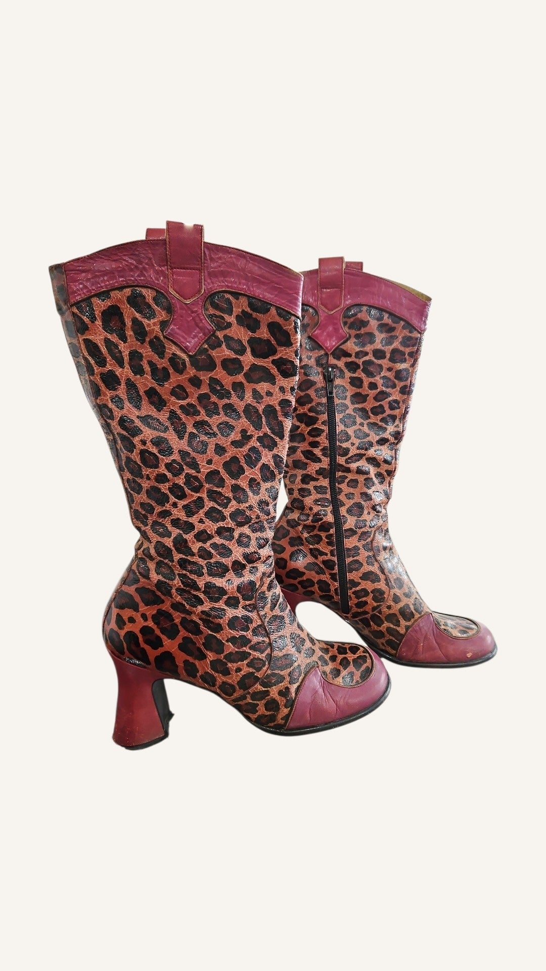 Shellys Vintage Red Leopard Print Leather Boots