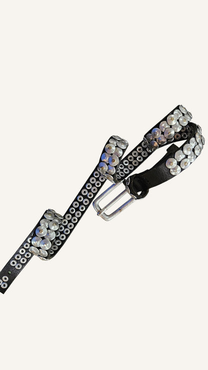 Narrow studded belt made from cowhide leather